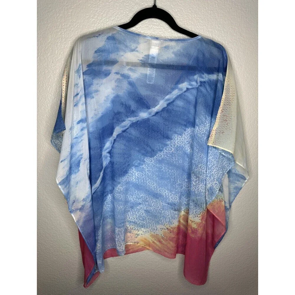 Chicos Poncho Top Womens Small Medium Blue Pink Sheer Chiffon V Neck Boho Flowy - Picture 5 of 5